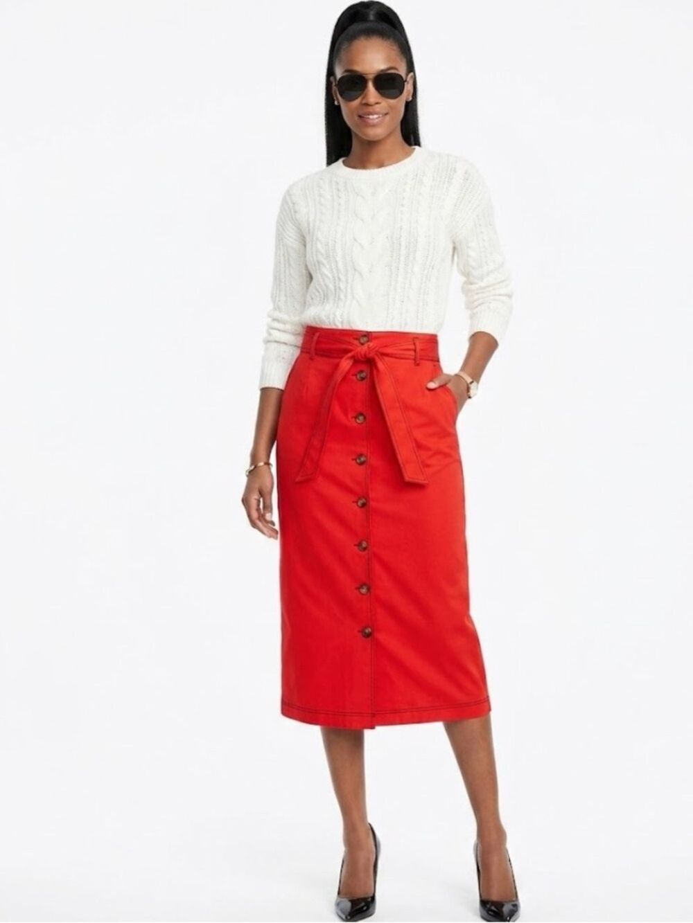 Boden Button-Front Tie-Waist Midi Skirt in Bright Brilliant Red - Size 6
